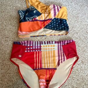 Red and Orange Bikini with Modern Patchwork Design